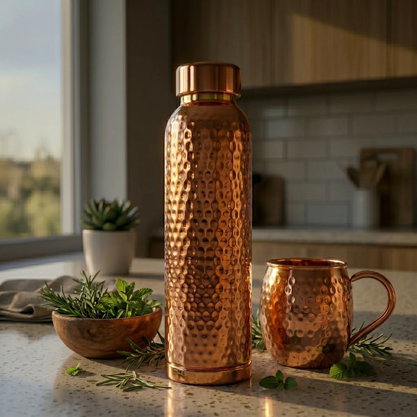 Pure copper water bottle with glass in kitchen showing healthy daily hydration
