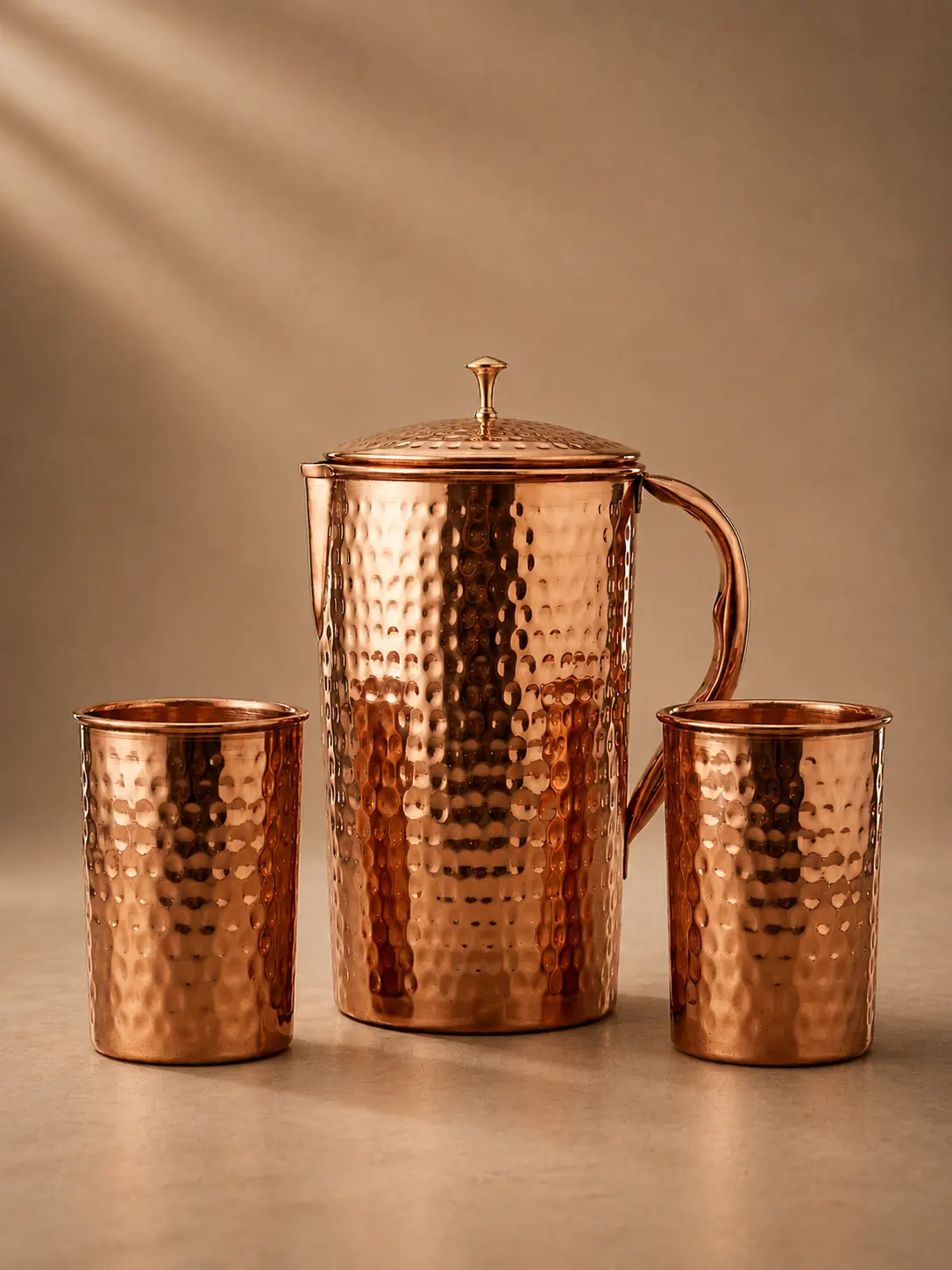 Hammered Pure Copper Water Jug & Glass Set (1 Jug + 2 Glasses) – Ayurvedic Drinkware