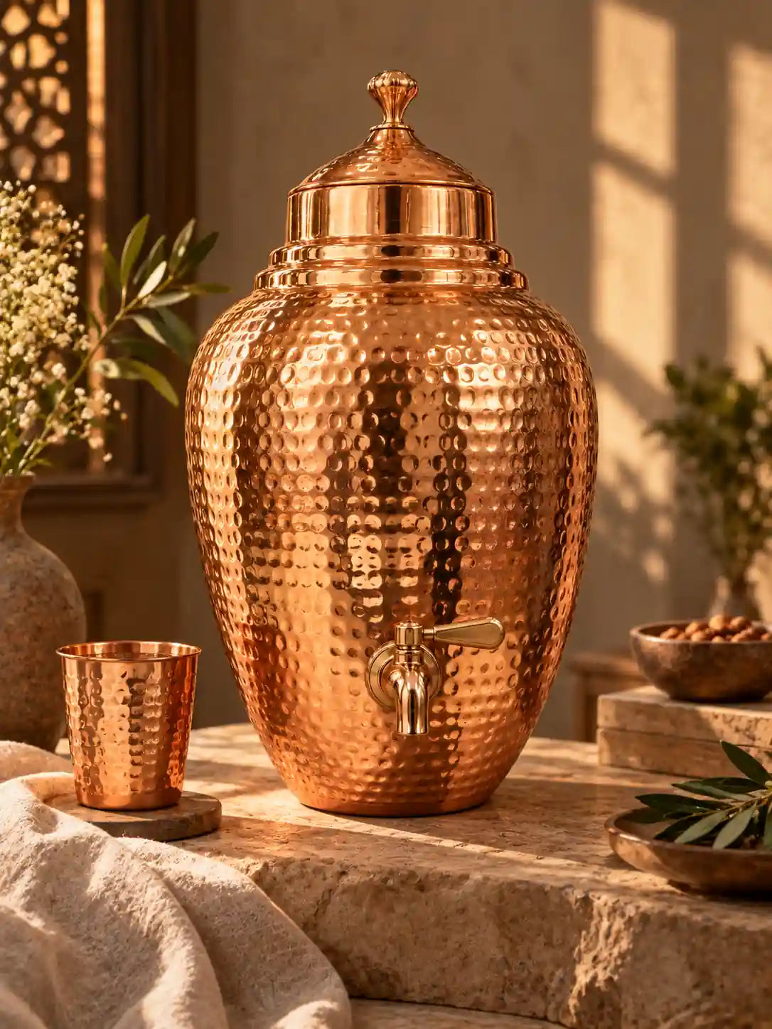 9L hammered copper water dispenser displayed in an elegant luxury home setting