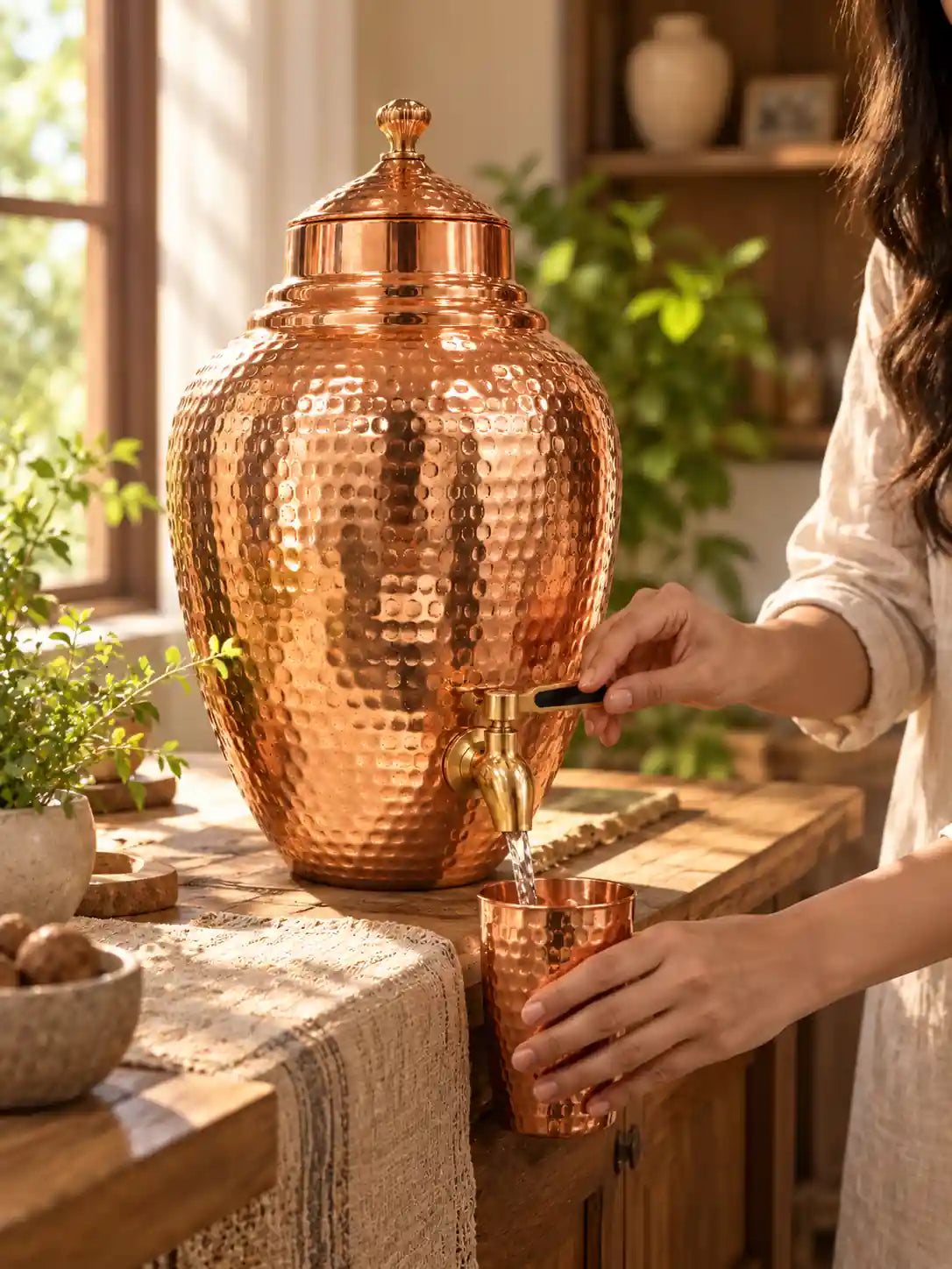 9L hammered copper water dispenser being used to serve drinking water