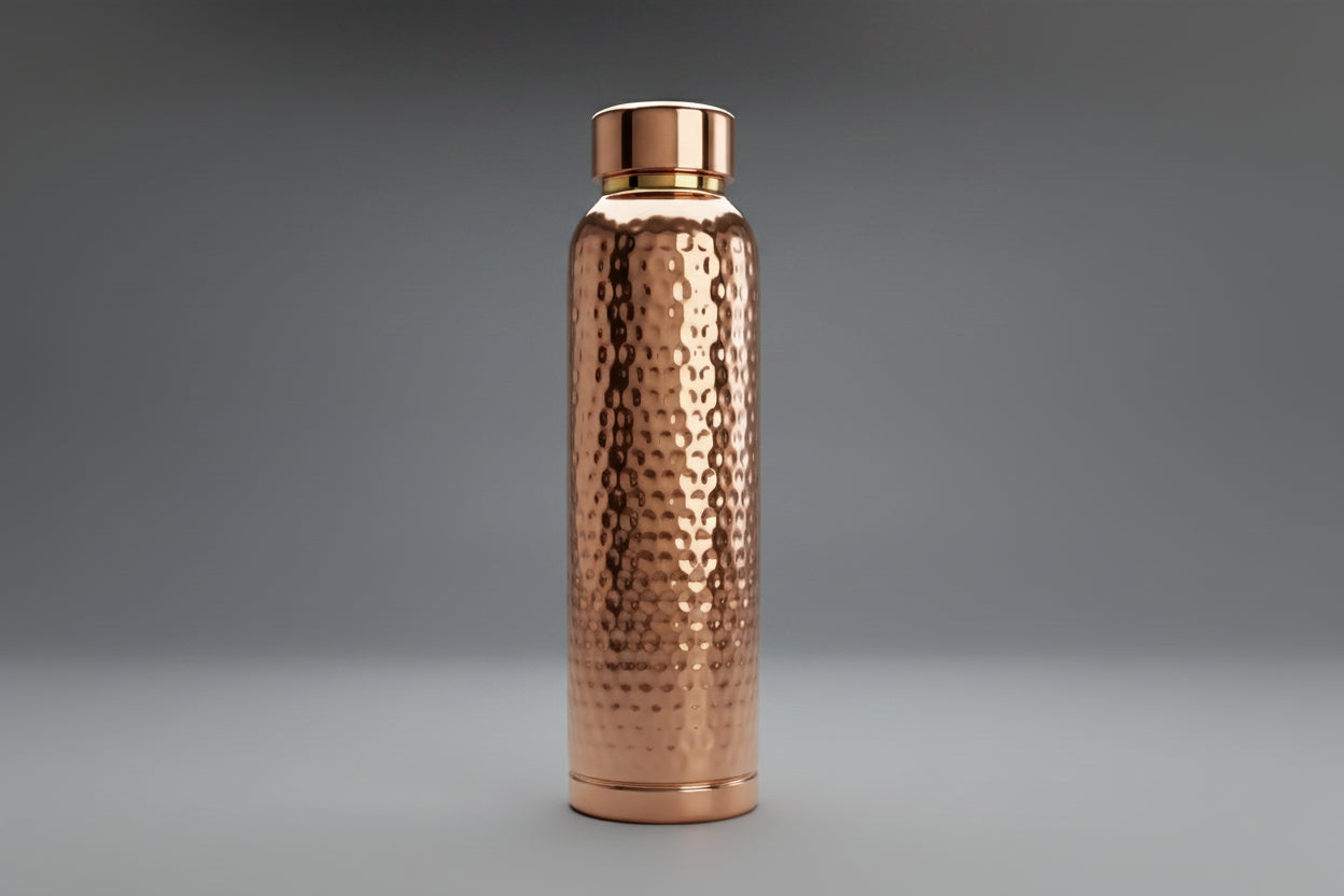 Luxury Cupreva copper water bottle in premium studio lighting highlighting elegant design and finish