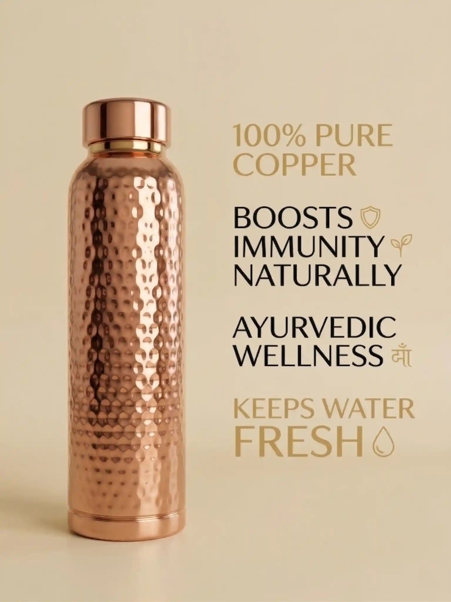 100 percent pure copper water bottle by Cupreva that supports immunity and keeps water fresh naturally