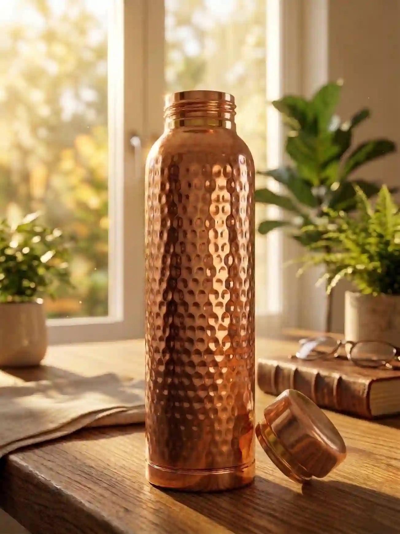 Cupreva copper water bottle placed in a sunlit home setting promoting Ayurvedic wellness and natural hydration