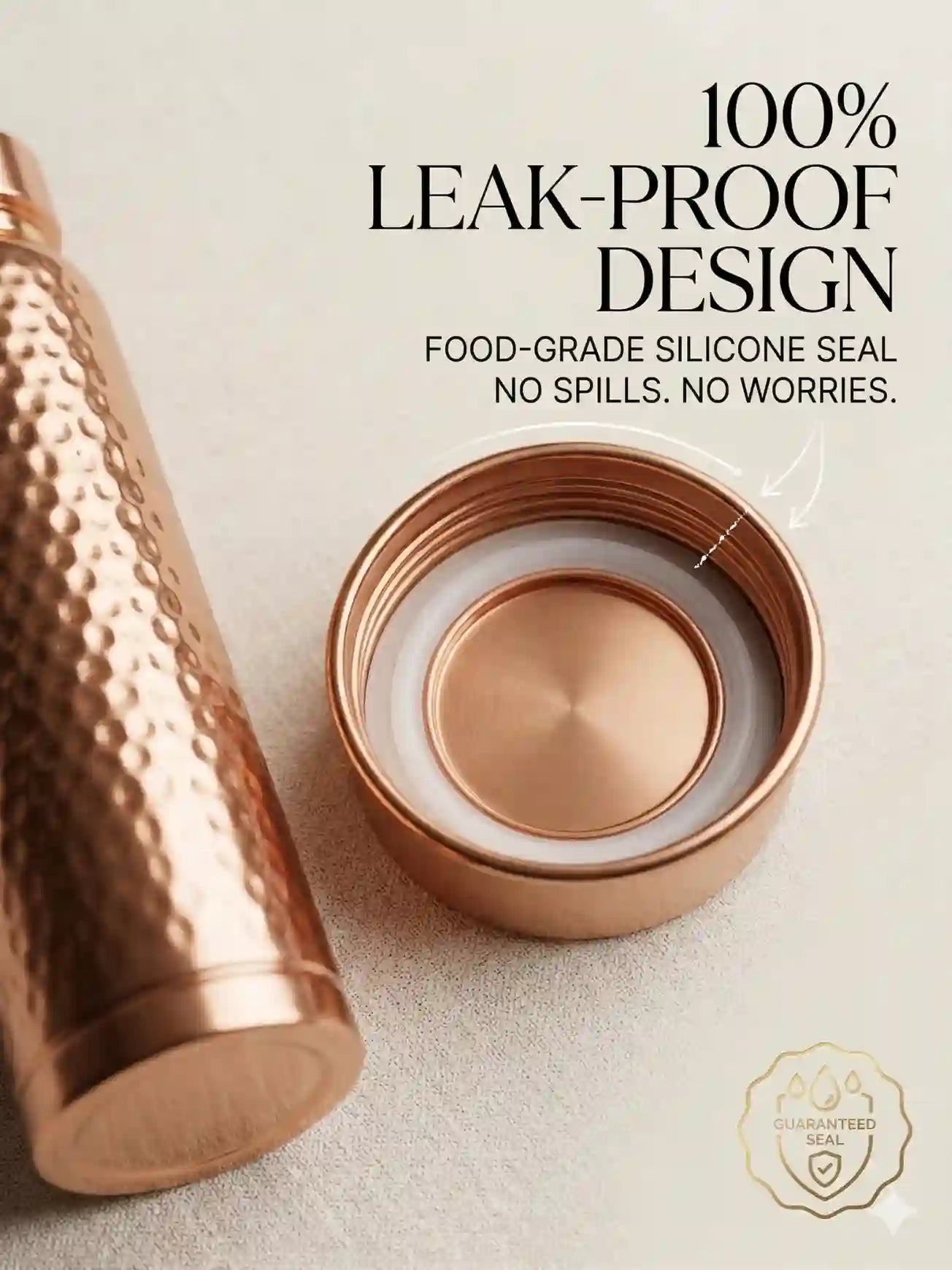 Cupreva copper water bottle leak-proof cap with food-grade silicone seal for zero spills