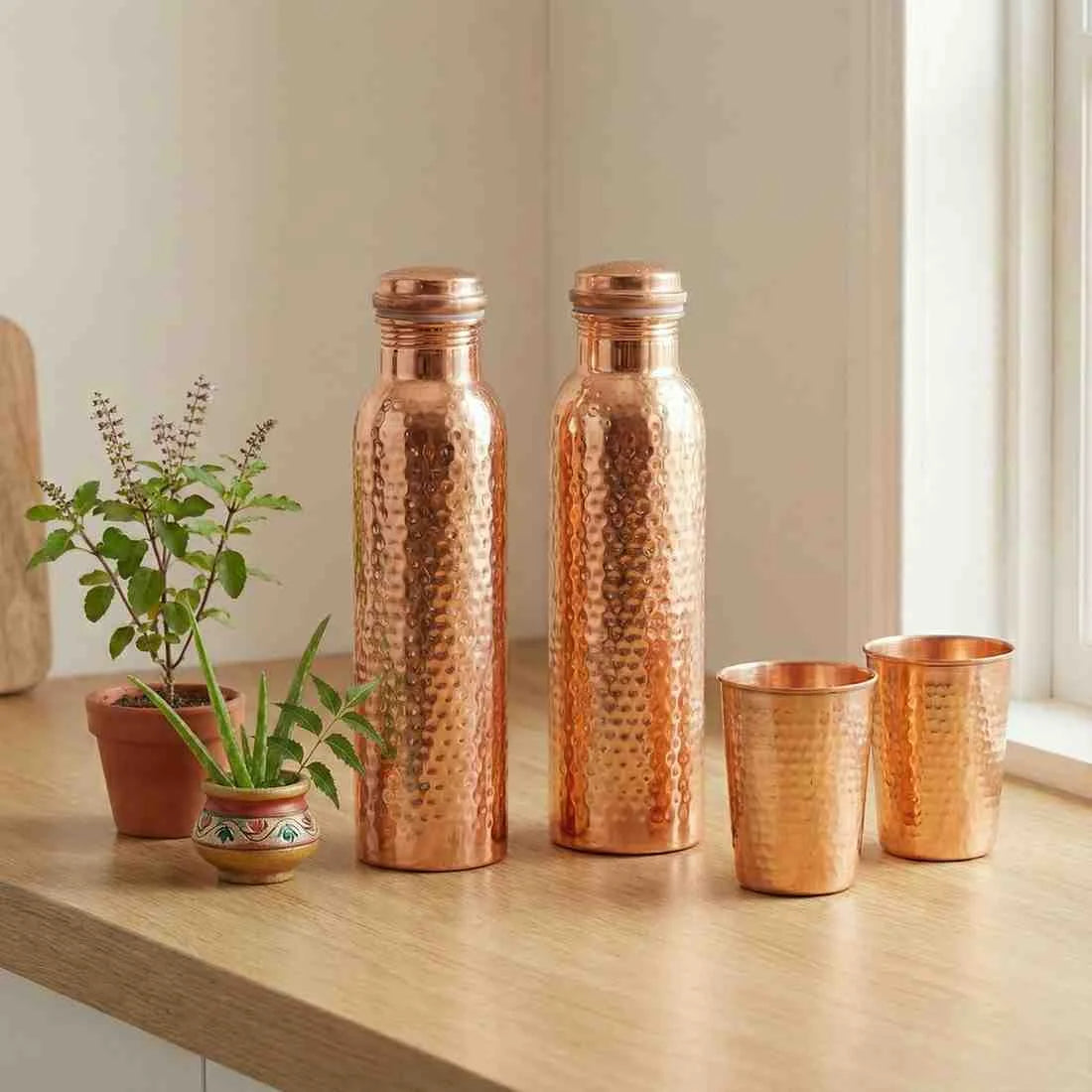 Copper Gift Set | 2 Bottles & 2 Glasses | Pure Copper