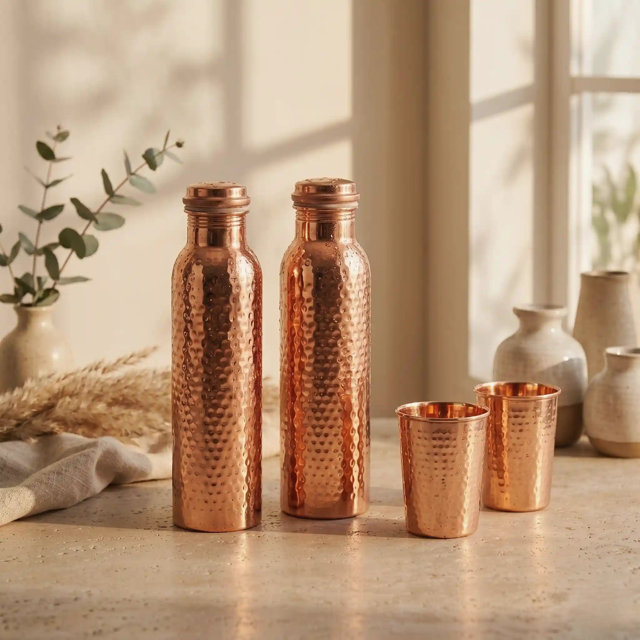Set of copper bottles and cups on a wooden surface with a neutral background