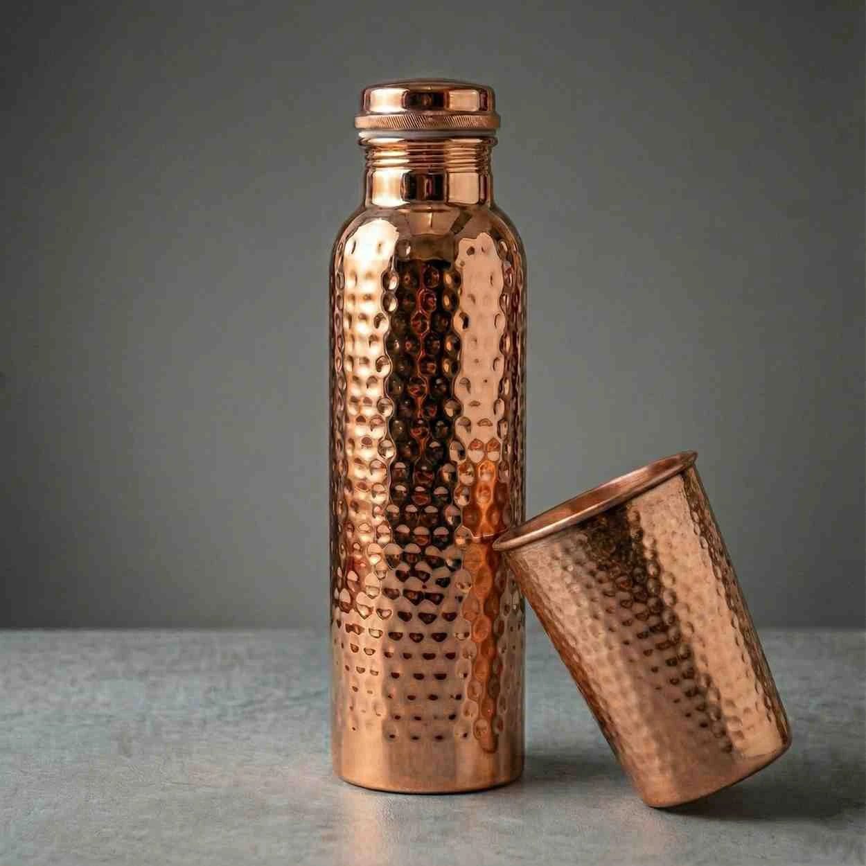 Hammered Pure Copper Water Bottle & Tumbler Gift Set