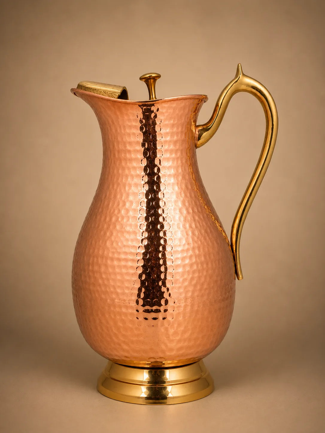 Cupreva Royal Hammered Pure Copper Water Pitcher with Brass Handle and Lid – 2 Litre