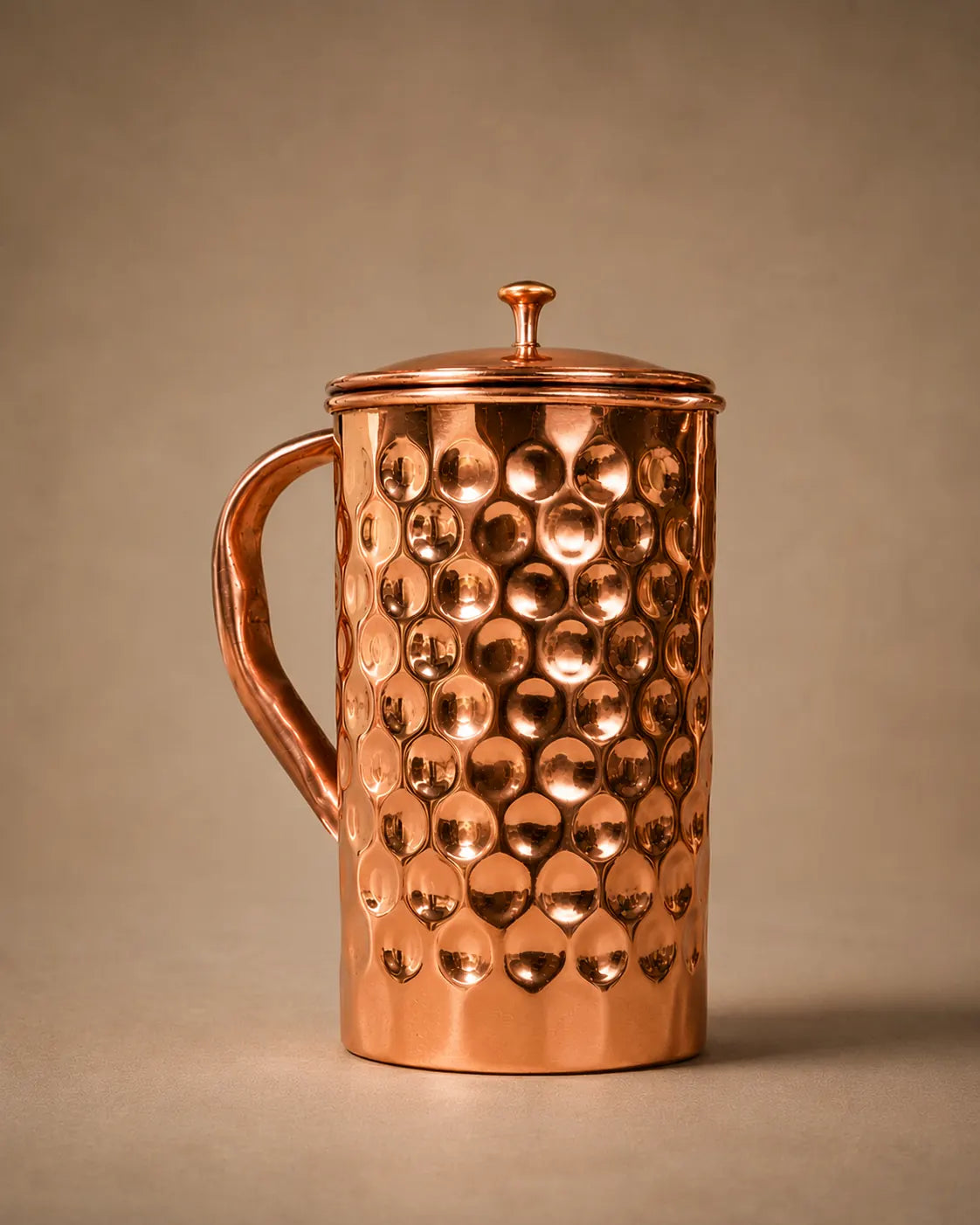 Diamond Hammered Pure Copper Water Pitcher with Lid, 2 Liter handcrafted copper pitcher for everyday water storage and serving.