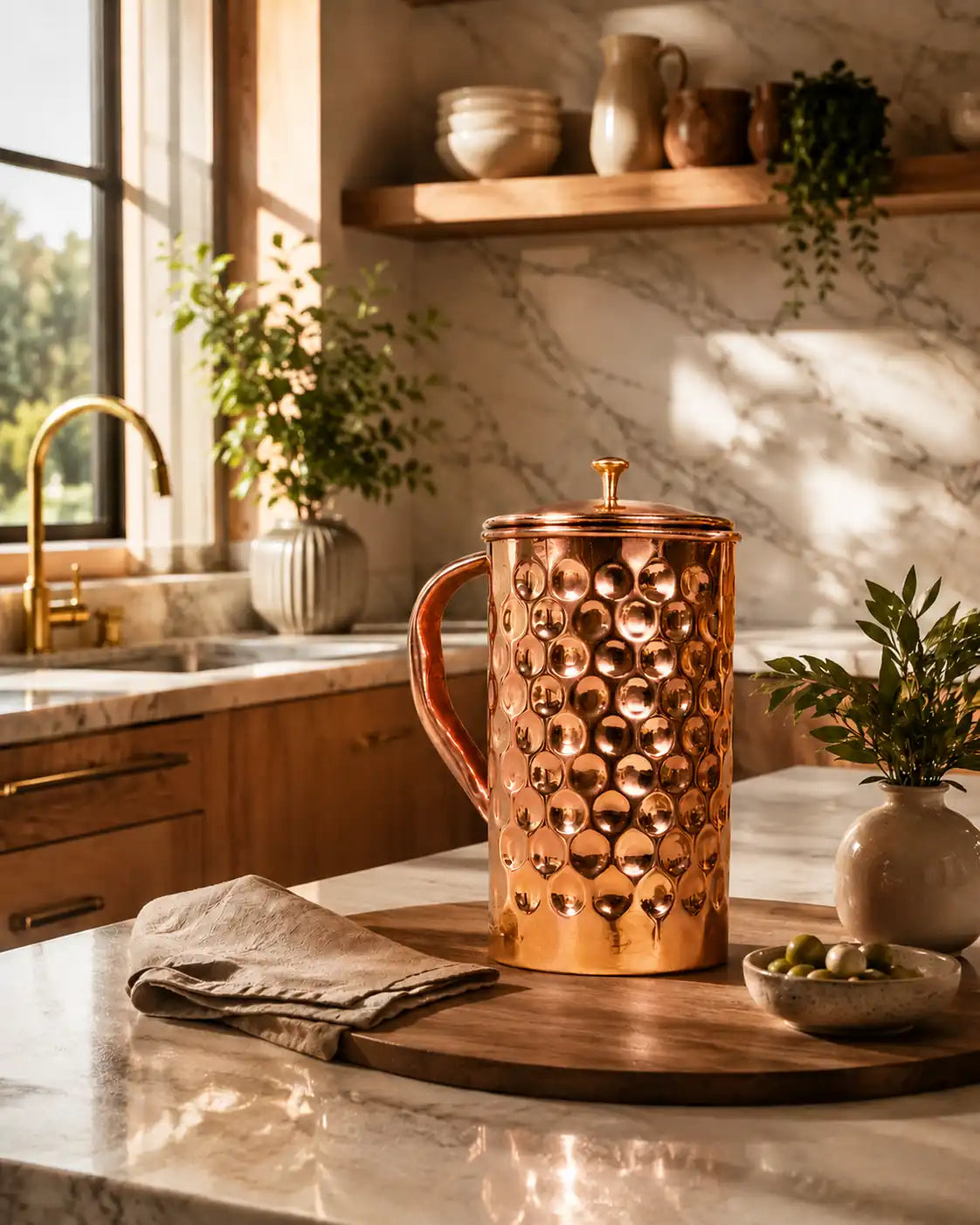 Premium Diamond Hammered Pure Copper Water Pitcher displayed on a kitchen countertop with elegant handcrafted finish.