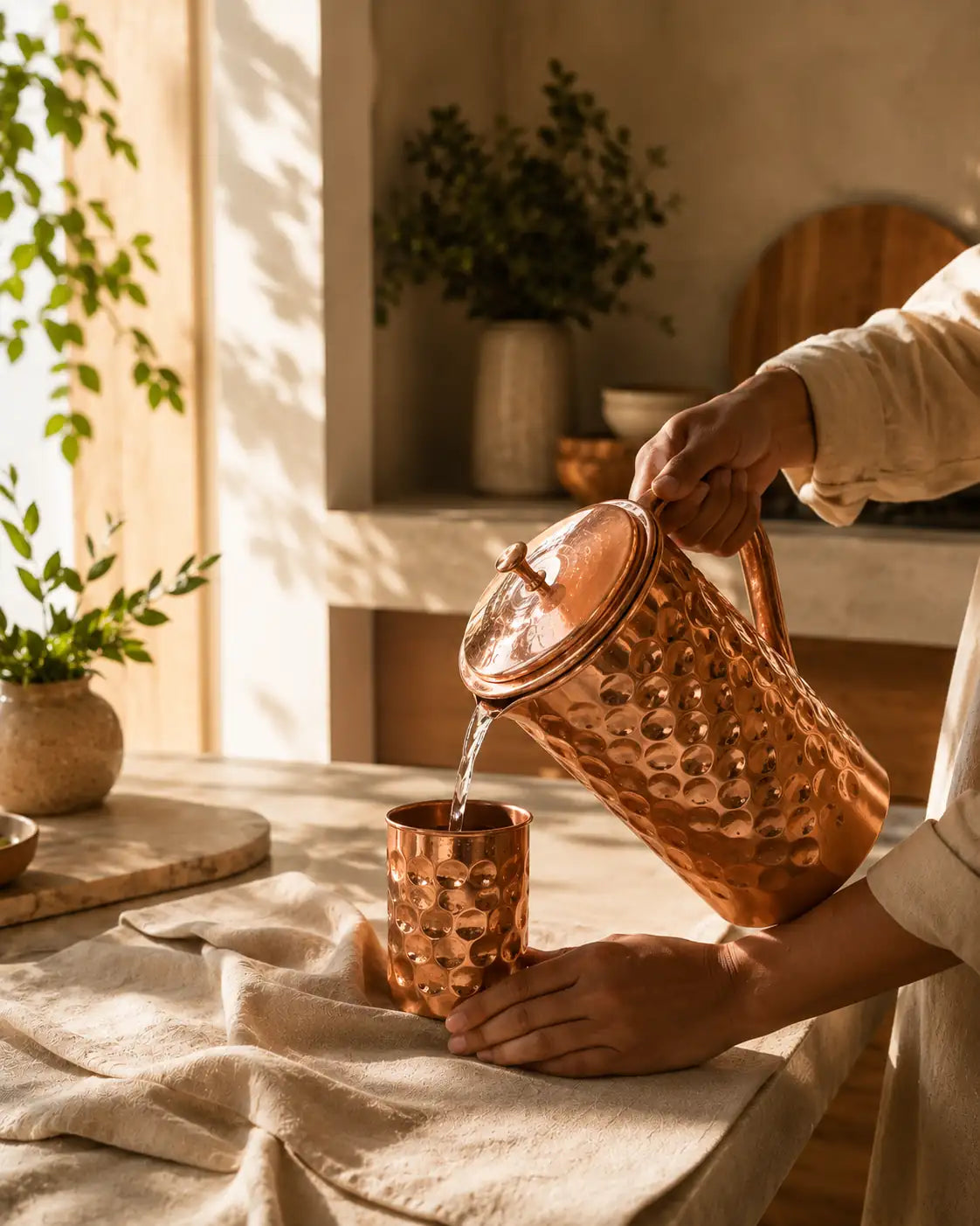 Handcrafted Diamond Hammered Pure Copper Water Pitcher serving fresh drinking water in a modern kitchen.