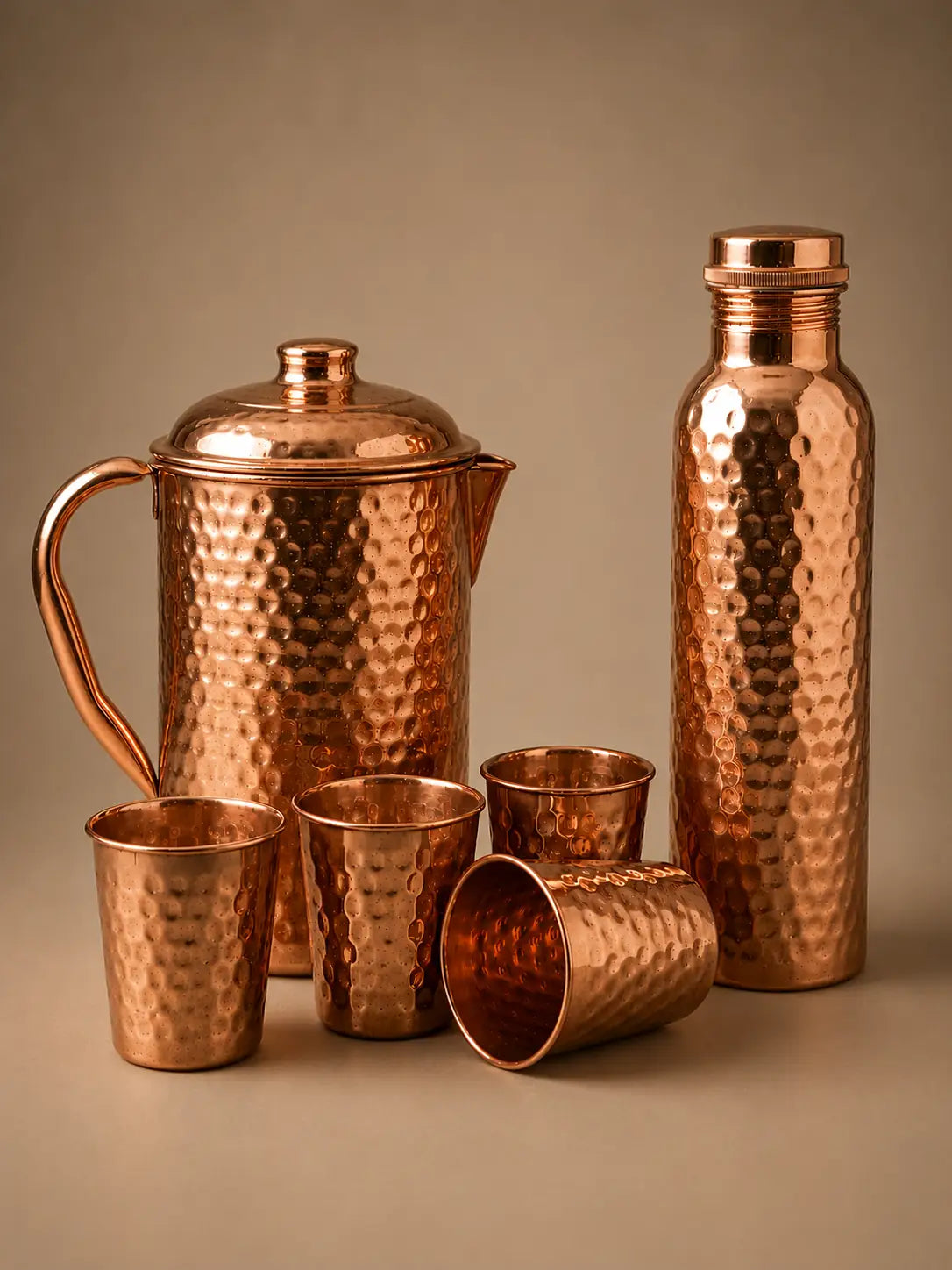 Pure Copper Drinkware Set | Jug, Bottle & 4 Glasses