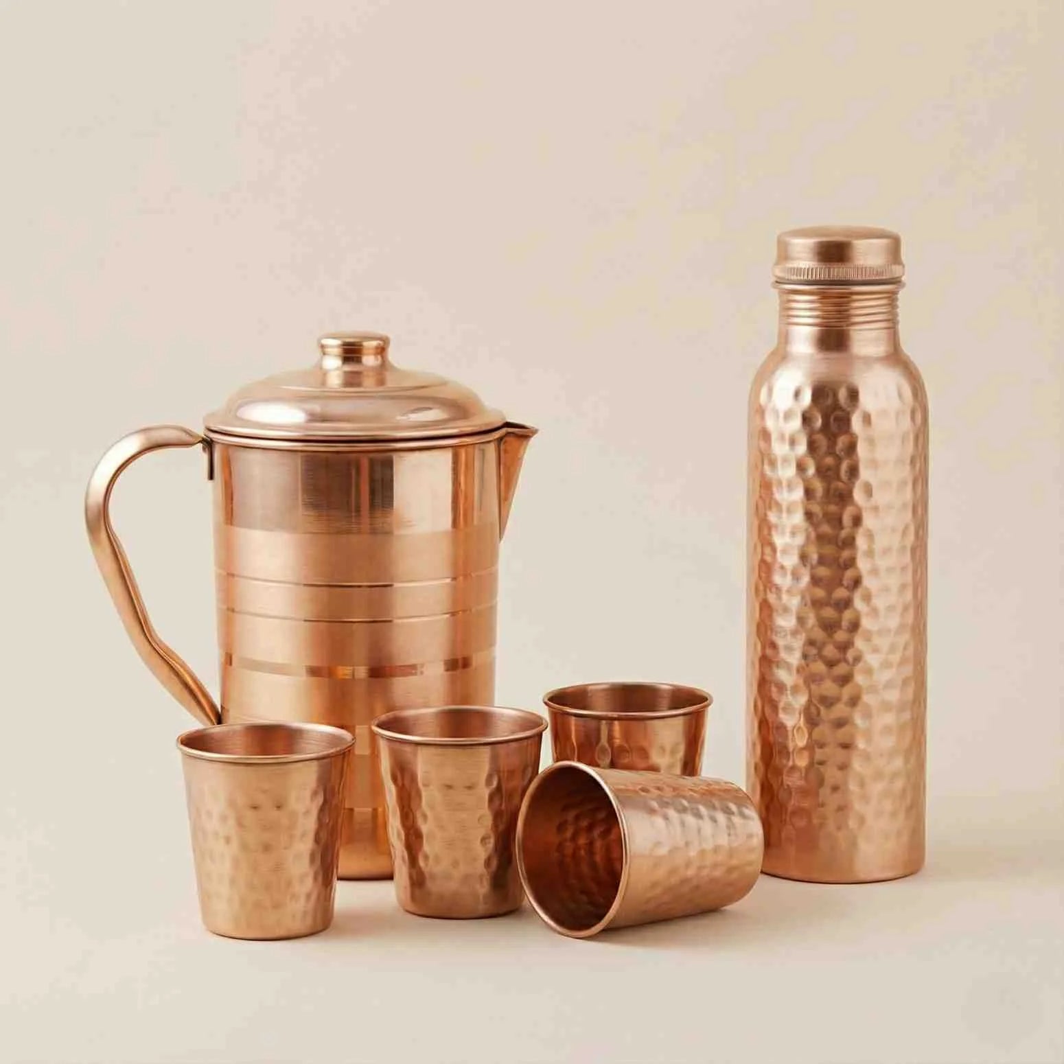 Pure Copper Drinkware Set | Jug, Bottle & 4 Glasses
