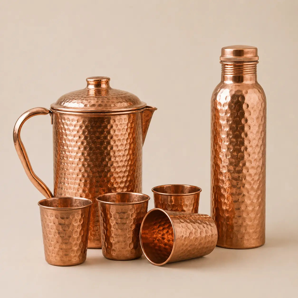 Pure Copper Drinkware Set | Jug, Bottle & 4 Glasses