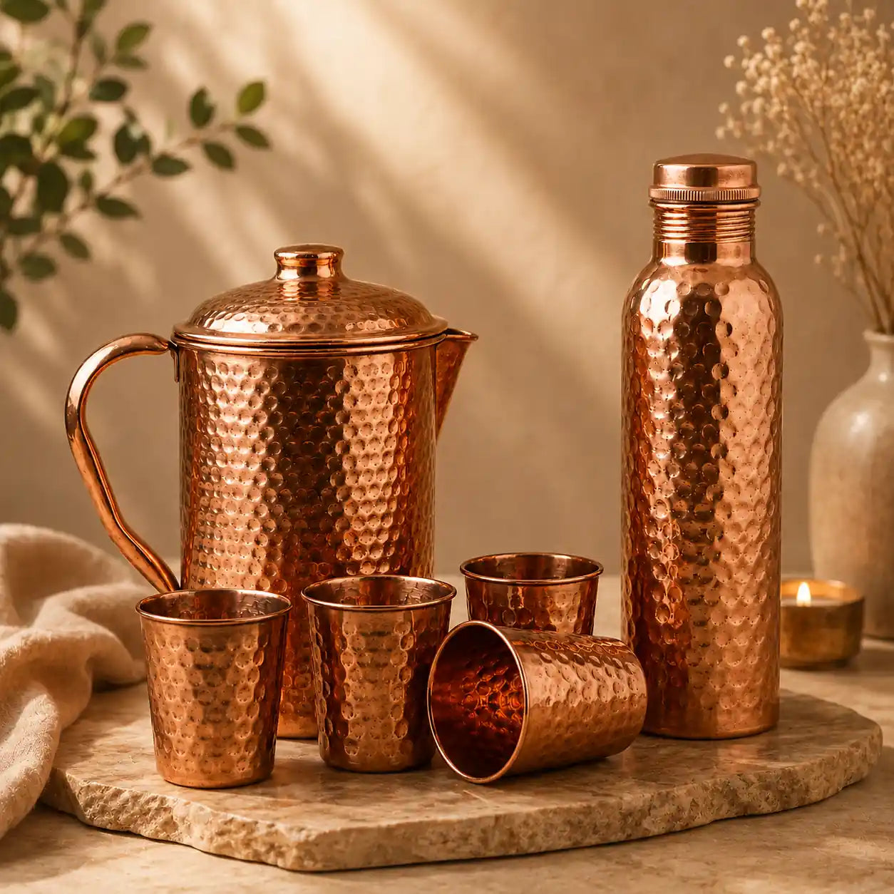 Pure Copper Drinkware Set | Jug, Bottle & 4 Glasses