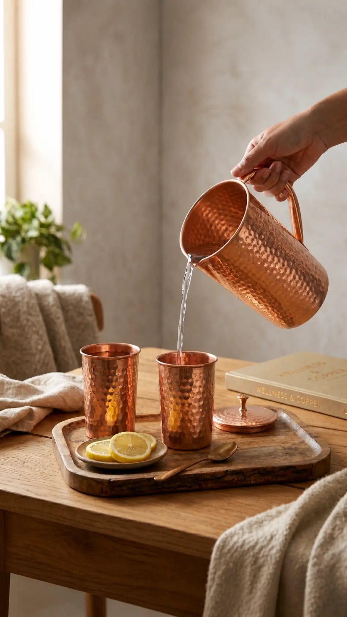Copper pitcher being poured into copper cups on a wooden table with a cozy indoor setting.