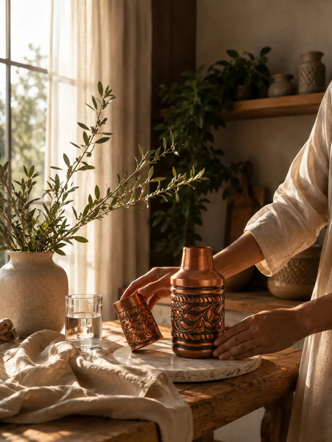 Handcrafted copper water carafe with embossed floral design being served at a dining table