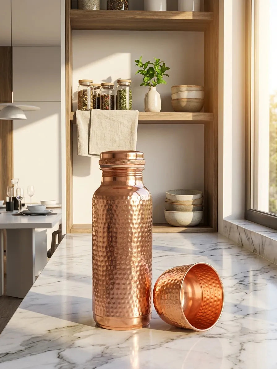 Luxury hammered copper water bottle and tumbler placed on marble kitchen countertop with natural sunlight