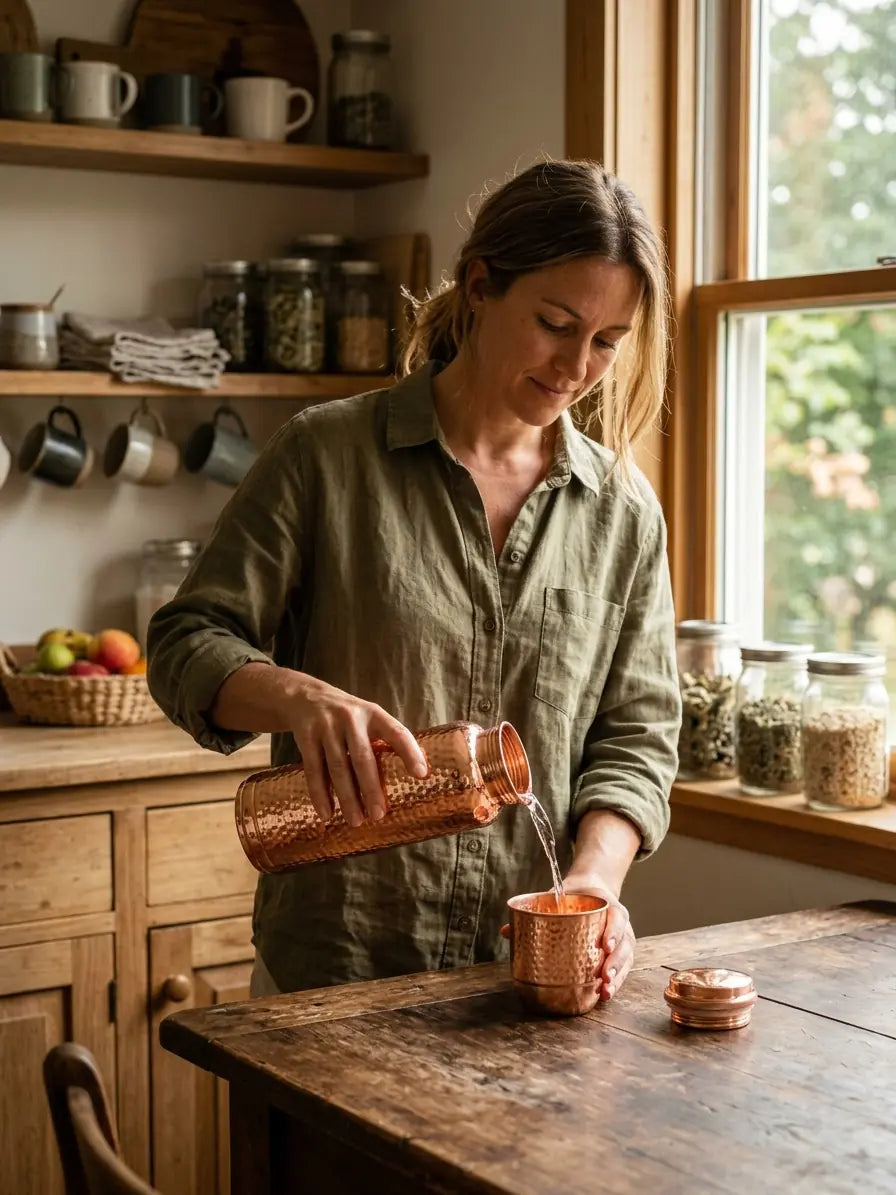 Woman pouring water from handcrafted hammered copper bottle into copper tumbler in a modern kitchen