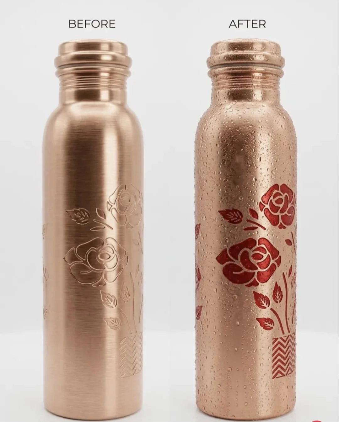 Premium pure copper bottle with engraved flower pattern and magic cold water color effect