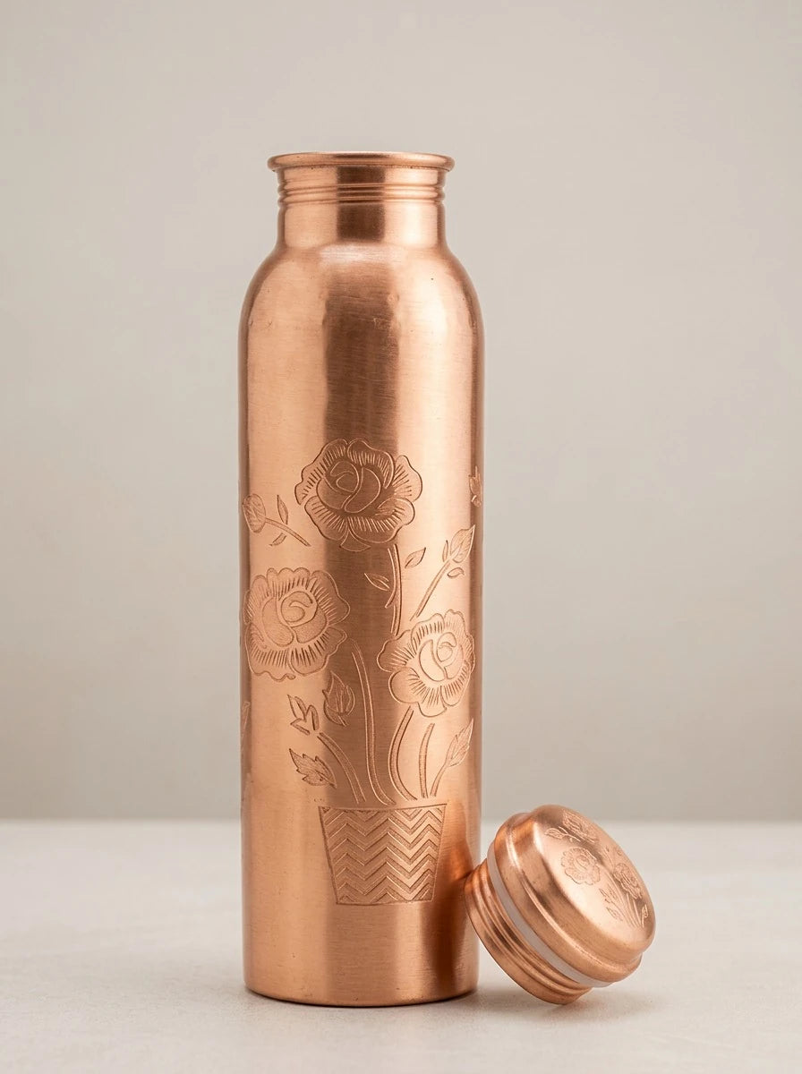Stylish handmade copper bottle with engraved rose design and color changing effect