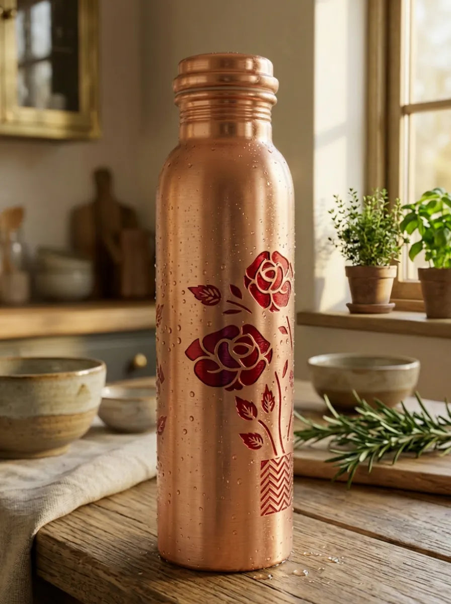Traditional Ayurvedic copper water bottle with elegant floral engraving and leakproof cap