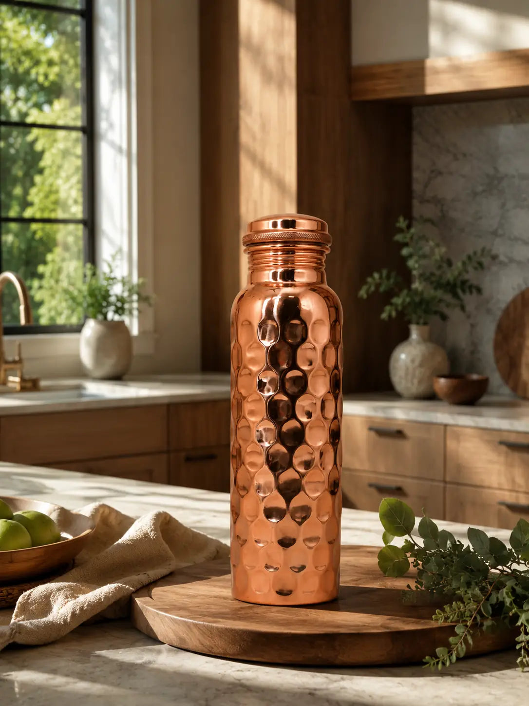 Cupreva Diamond Hammered Pure Copper Water Bottle displayed in a modern luxury kitchen