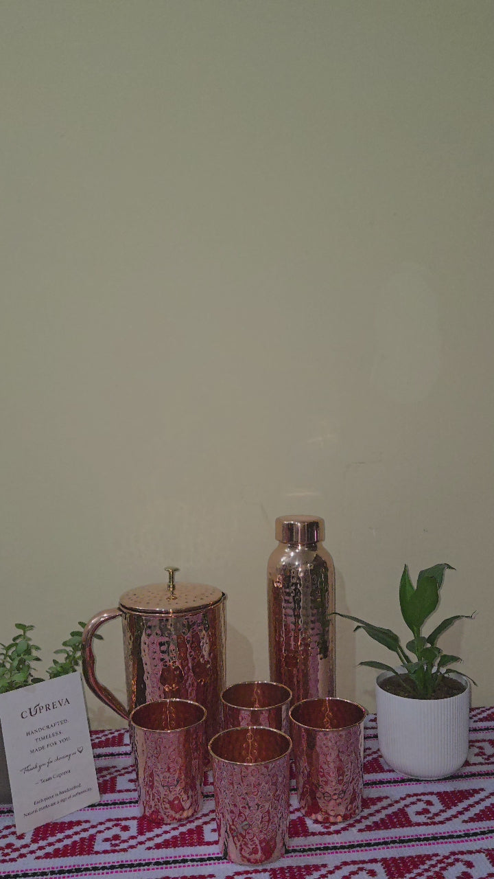 Pure Copper Drinkware Set | Jug, Bottle & 4 Glasses