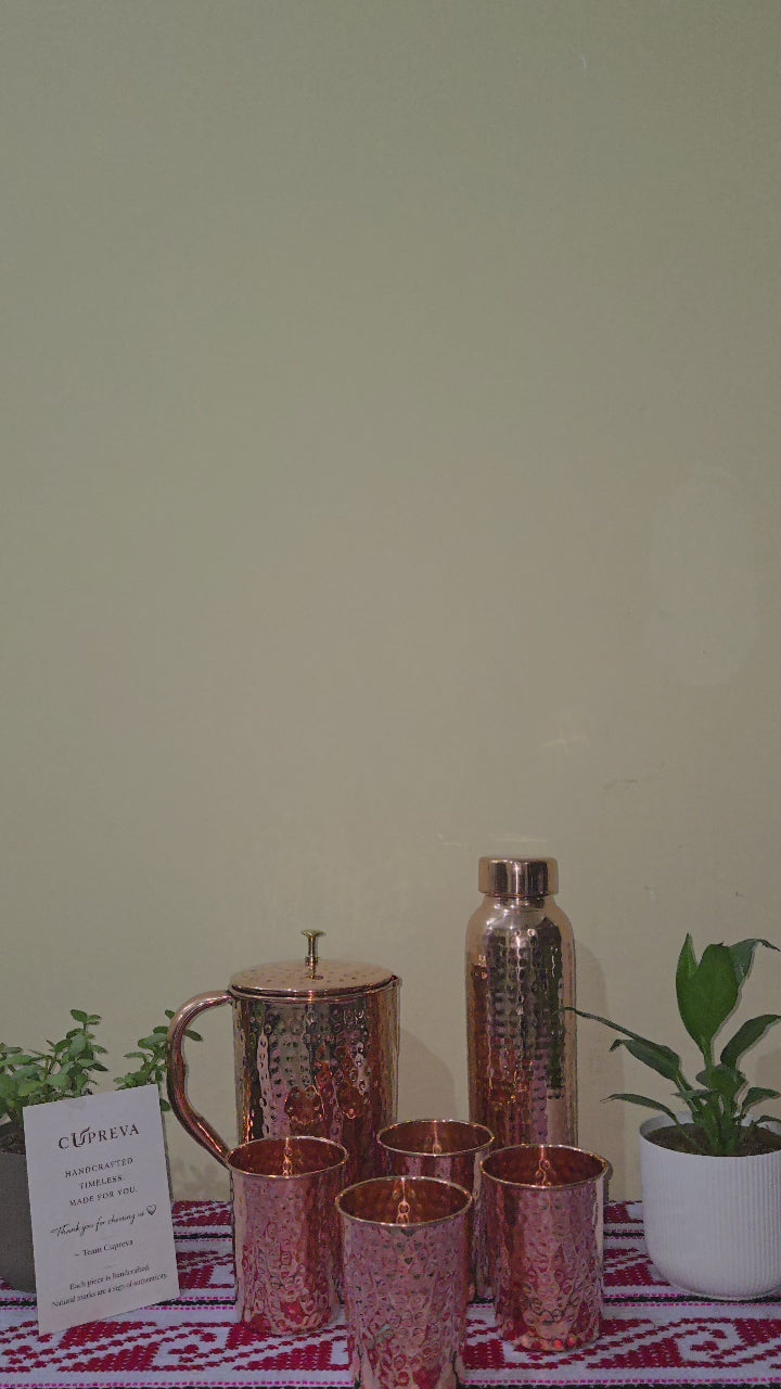 Pure Copper Drinkware Set | Jug, Bottle & 4 Glasses