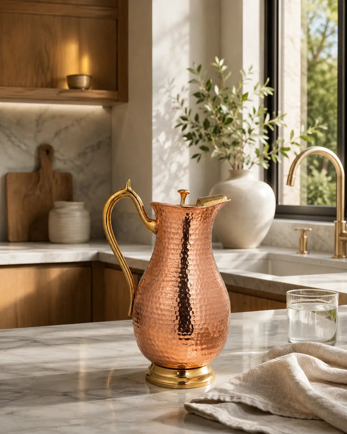Handmade pure copper water pitcher displayed in a modern luxury kitchen