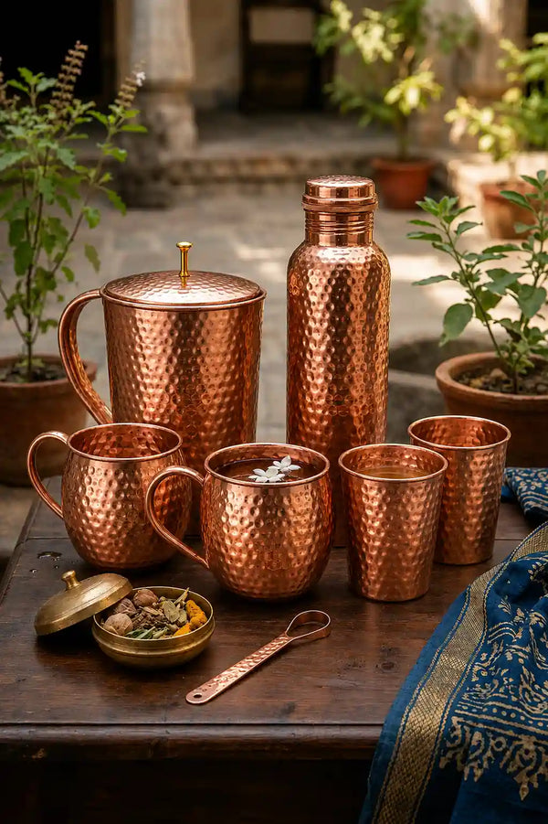 Copper tea set with mugs, pitcher, and bottle on a wooden table outdoors.