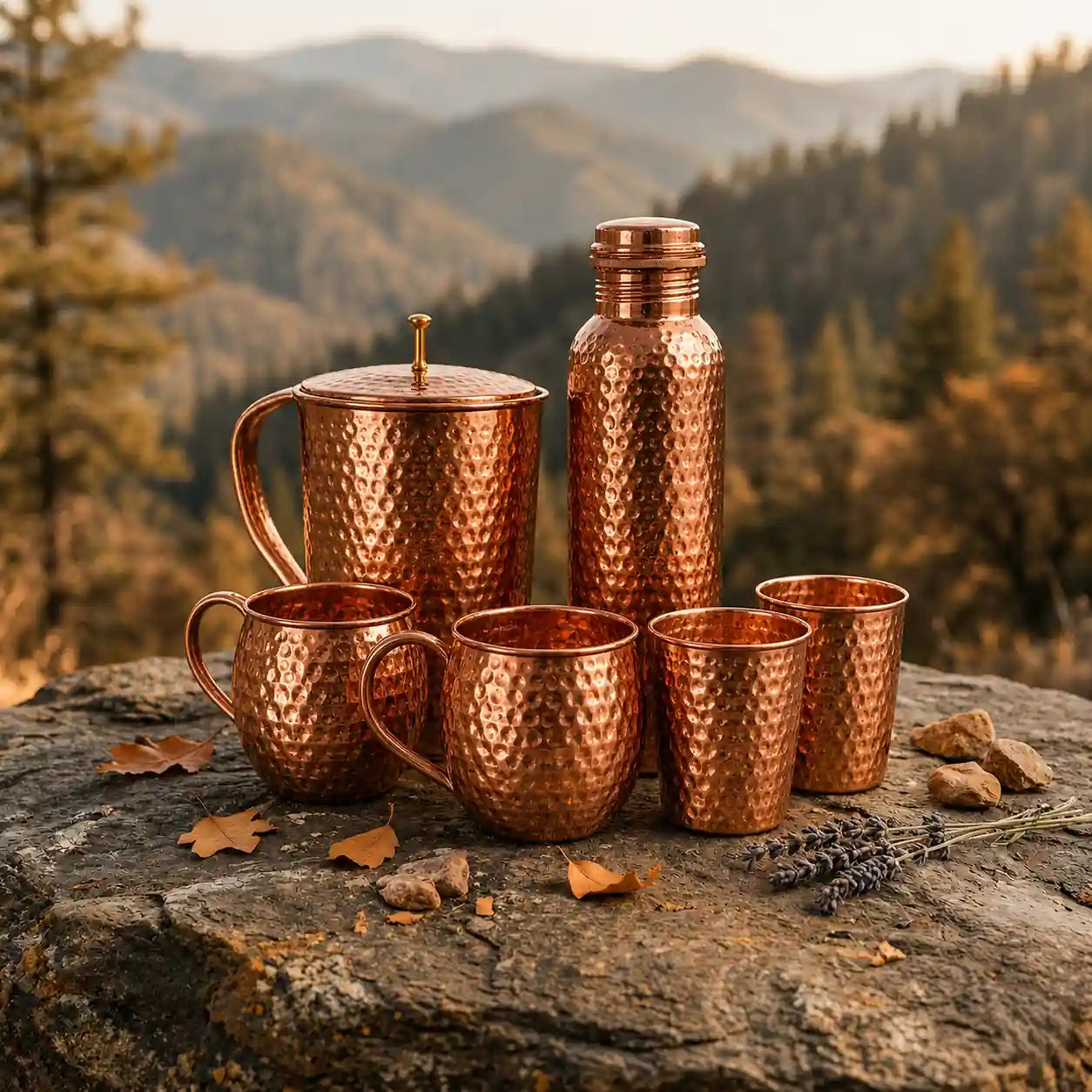 Copper tea set on a rock with a mountainous background